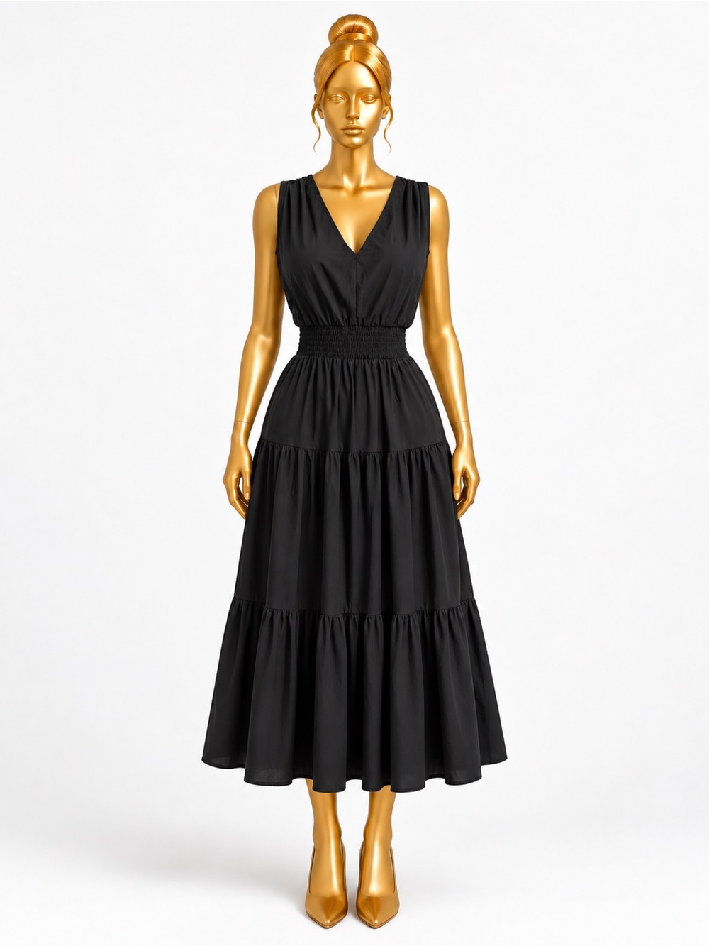 SHEIN XL Black Sleeveless Smocked Waist Tiered Midi Dress V-Neck